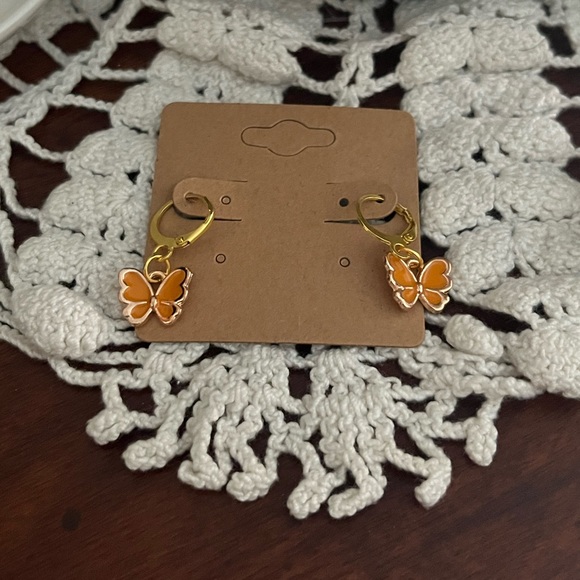 *3 for $20* Orange and Gold Enamel Butterfly Huggie Hoop Earrings - Picture 3 of 5